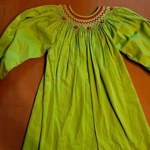 Remember Nguyen 24m Bright Green trimed in bright red Smocked Dress
